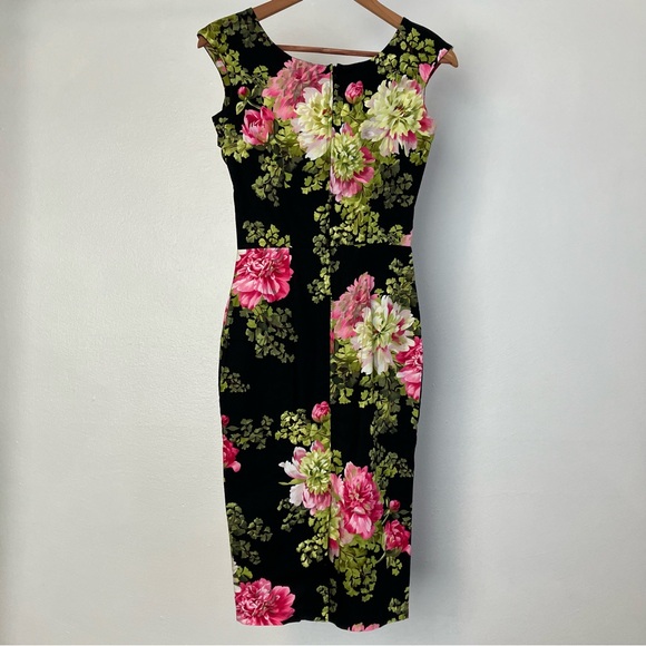 Bernie Dexter Ruby 50s Pencil Dress in Black Floral Dark Tea Room Print XS - Picture 6 of 12